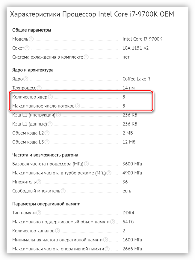 Характеристики количества ядер и вычислительных потоков центрального процессора