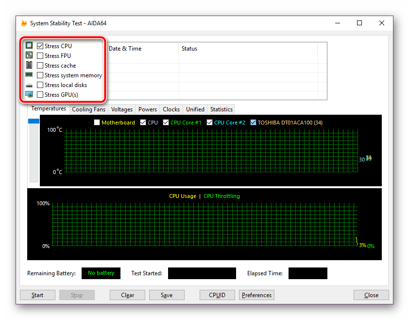 Отметить комплектующие для теста стабильности в программе AIDA64