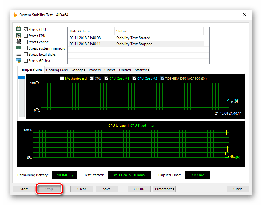 Остановить тестирование стабильности системы в программе AIDA64