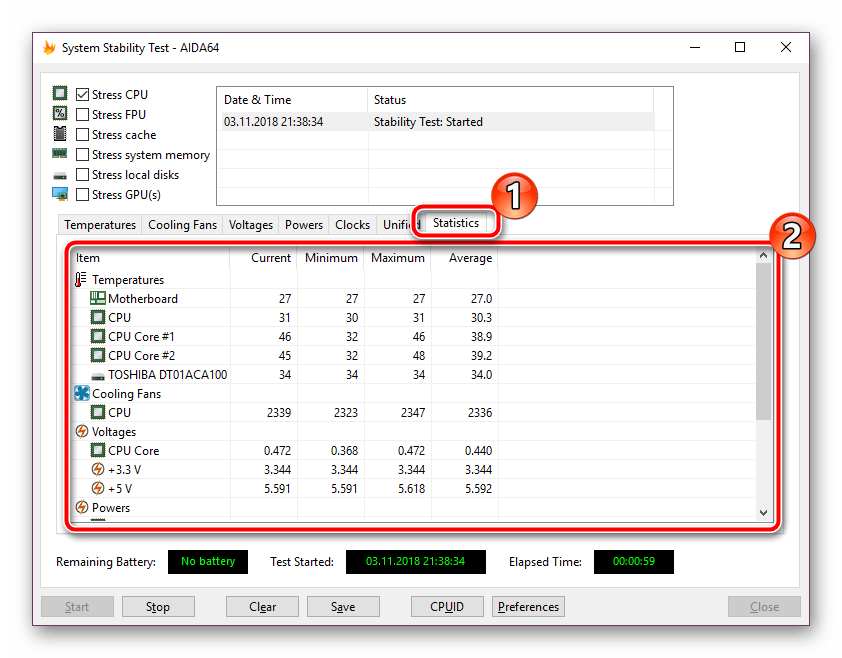 Статистика тестирования стабильности системы в программе AIDA64