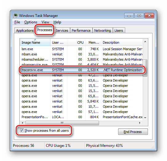 Процесс mscorsvw.exe в диспетчере задач