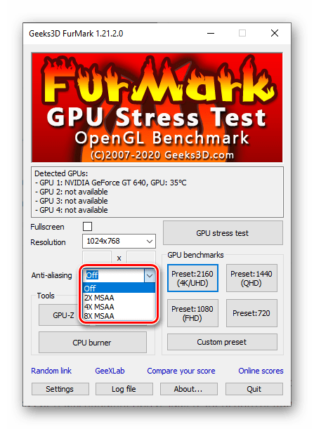 Выбор параметров сглаживания экрана для проверки видеокарты в программе Furmark для ПК