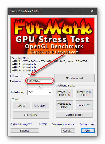 Настройка разрешения перед проведением стресс-теста в программе Furmark