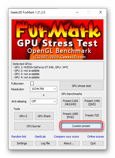 Запуск проверки видеокарты по своим параметрам в программе Furmark для ПК