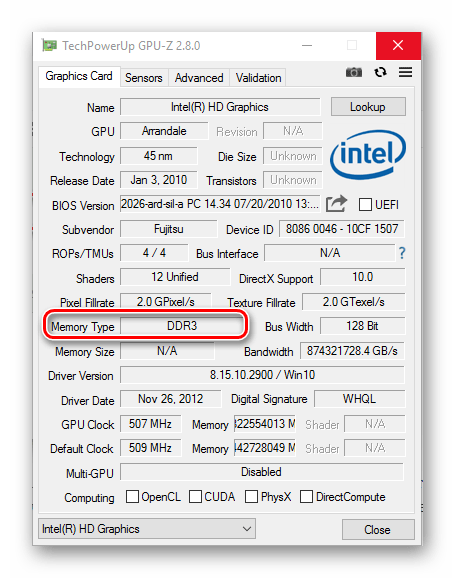Просмотр типа видеопамяти в программе TechPowerUp GPU-Z