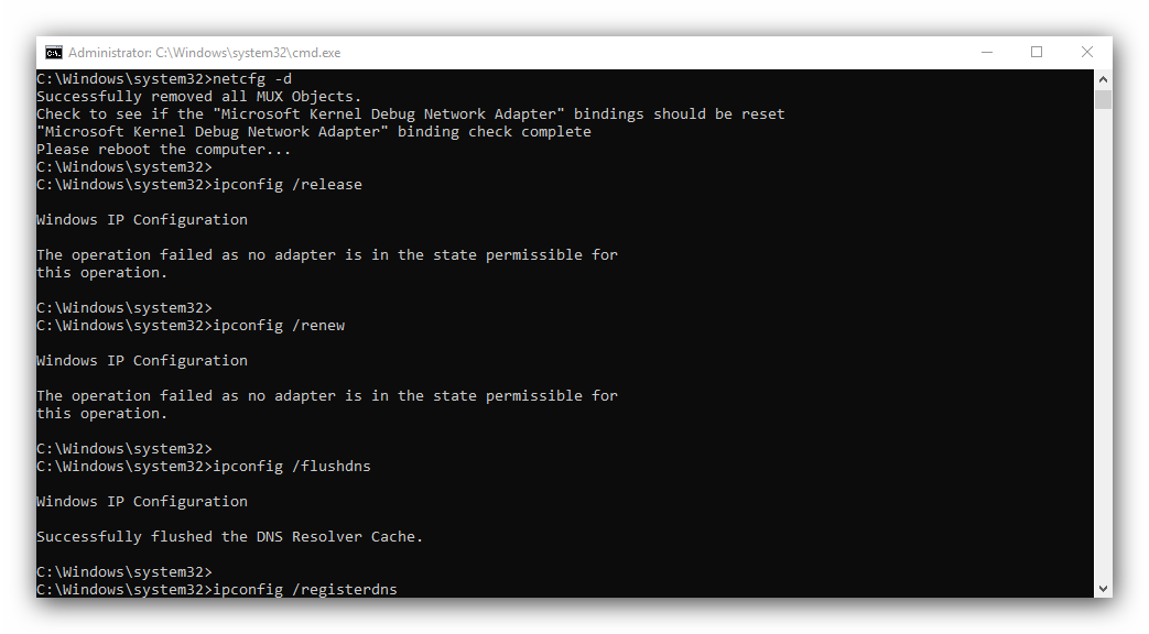 Сброс TCP-IP чере командную строку для устранения проблем после удаления лишнего сетевого подключения в Windows 10
