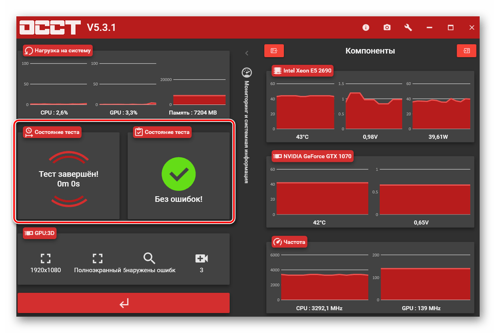 Успешное завершение стресс-теста видеокарты в программе OCCT