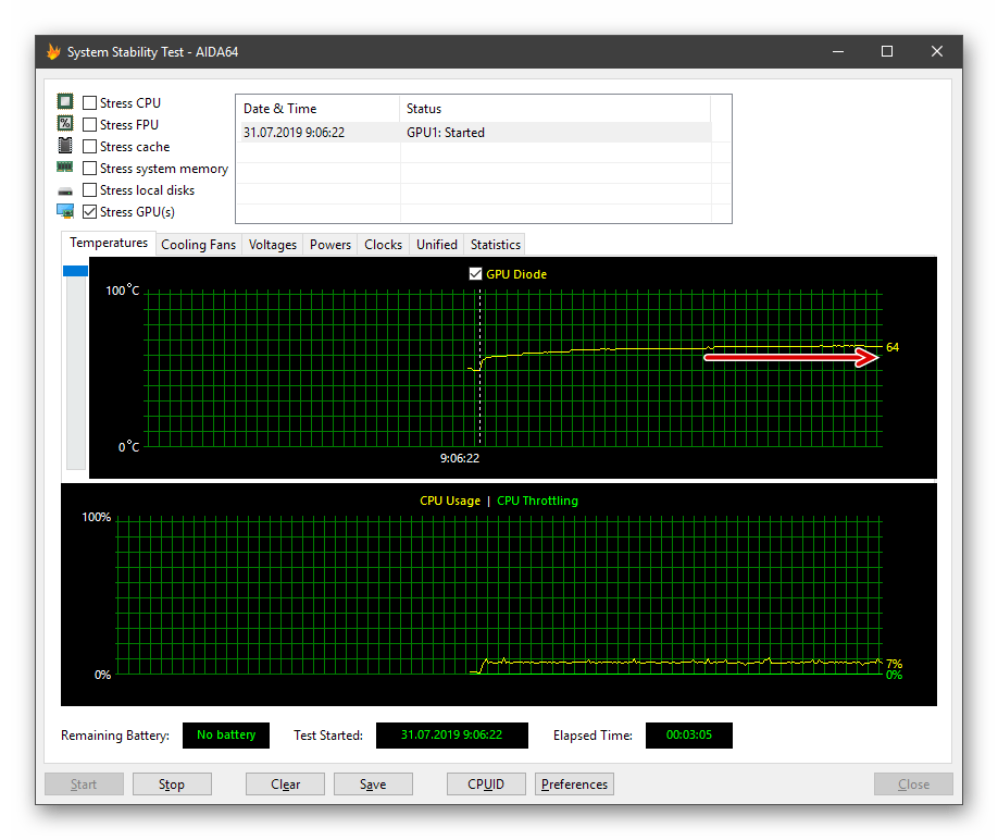 Стабилизация графика температуры при стресс-тесте видеокарты в программе AIDA64