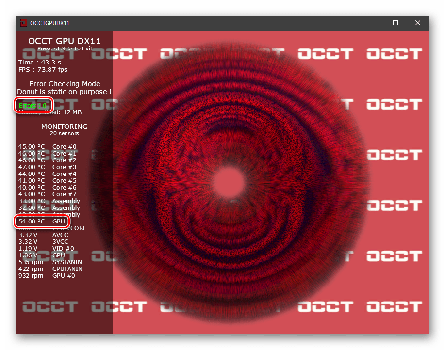 Показания температуры и количество ошибок при проведении стресс-теста видеокарты в программе OCCT