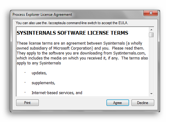 Принятие лицензионного соглашения в программе Process Explorer