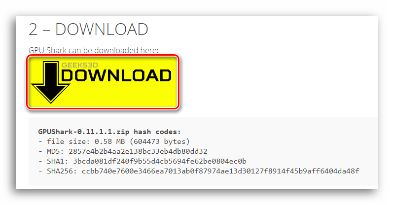 Нажатие на жёлтую кнопку для перенаправления на страницу скачивания GPUShark