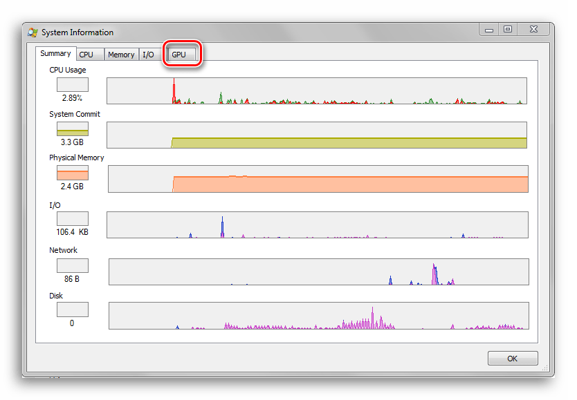 Переход на вкладку GPU в Process Explorer