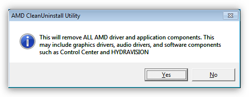 Окно предупреждения об удалении всех компонентов и драйверов в программе AMD Clean Uninstall