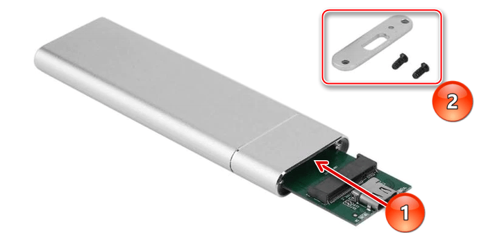 Вставка платы переходника SSD M.2-USB в чехол