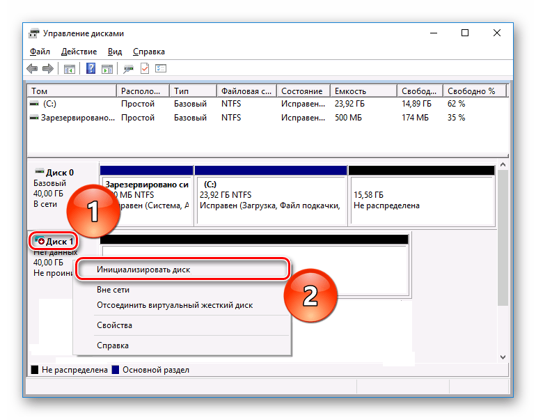 Инициализация диска в панели управления Управление дисками в Windows