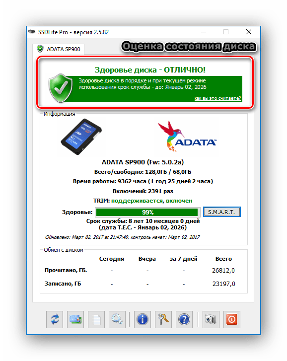 Оценка состояния диска в SSDLife