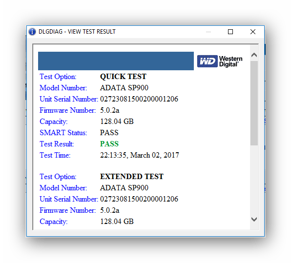 Результат теста в WD Data LifeGuard Diagnostics