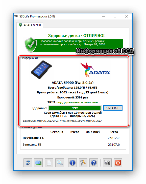 Информация о диске в SSDLife