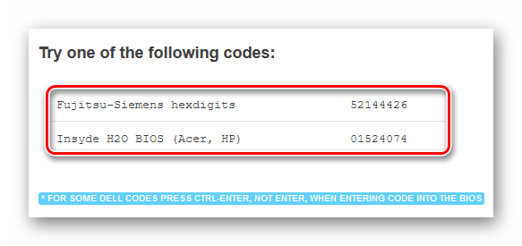 Полученные технические кода доступа для ввода в BIOS от bios-pw.org