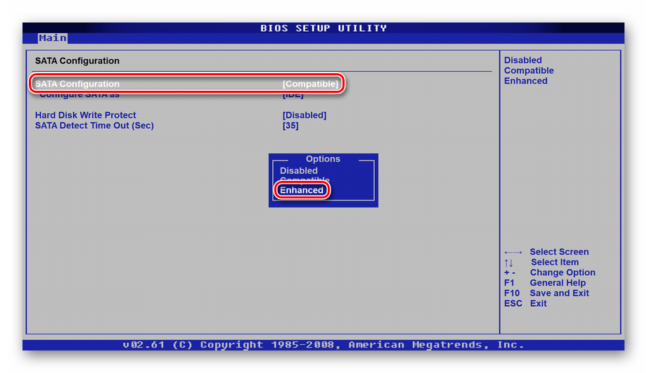 Переключение режима работа SATA в BIOS