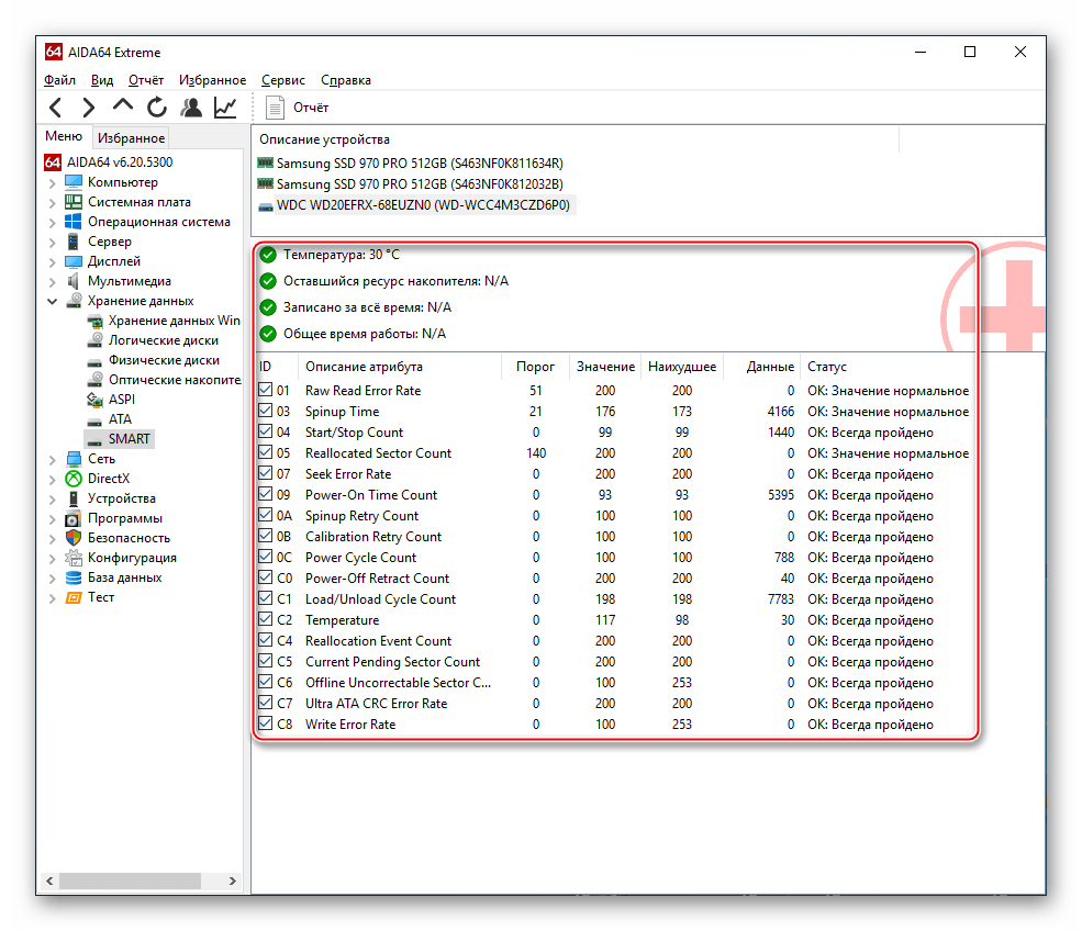 Данные S.M.A.R.T. для жёсткого диска в AIDA64