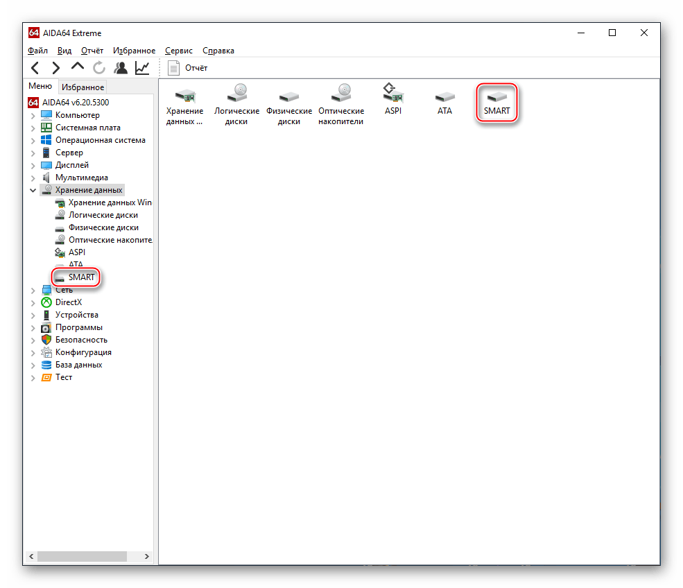 Вкладка Хранение данных и переход в подвкладку SMART в AIDA64