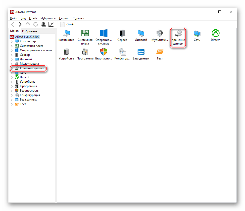Основная вкладка и переход на вкладку Хранение данных в AIDA64