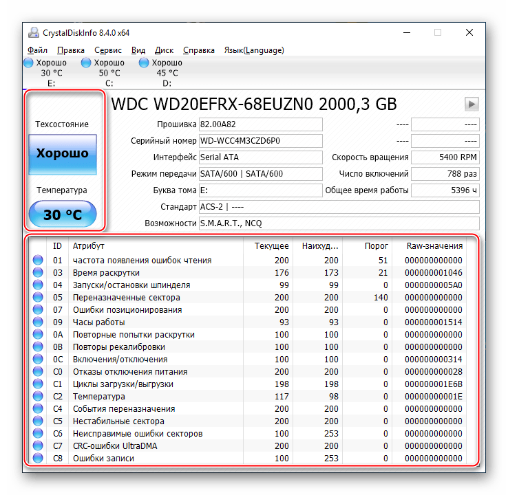 Показатели S.M.A.R.T. для жёсткого диска в CrystalDiskInfo