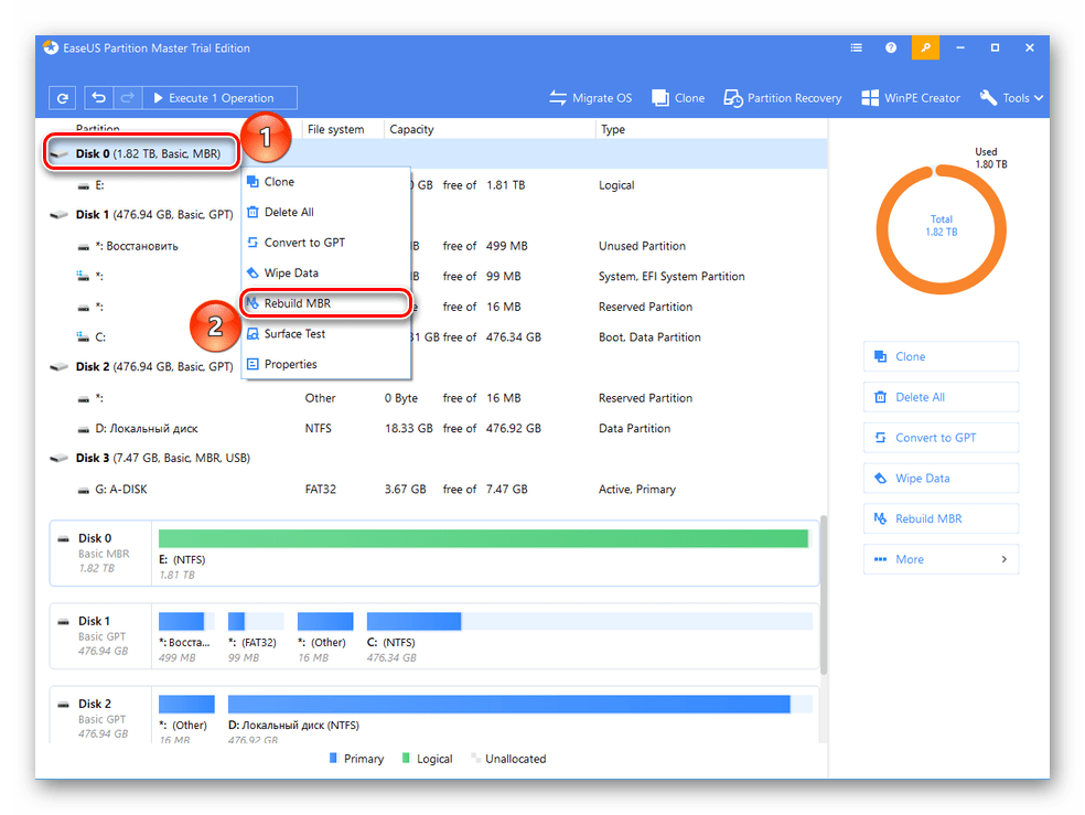 Начало работы в программе для восстановления накопителей EaseUS Partition Master