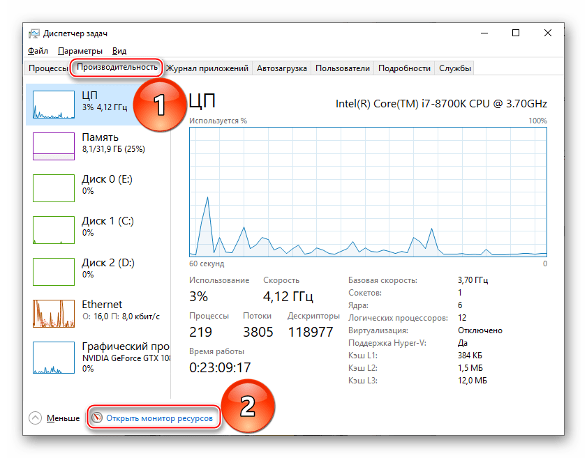 Открытие Монитора ресурсов через Диспетчер задач Windows