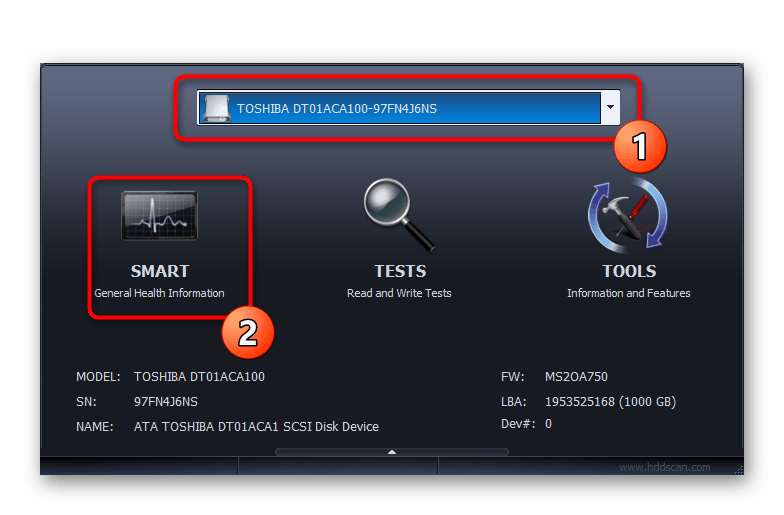 Выбор жесткого диска и просмотр состояния в HDDScan