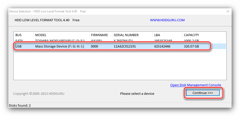 Выбрать диск для исправления посредством HDD Low Level Format Tool