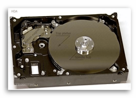 Нанизанные на шпиндель блины в HDD