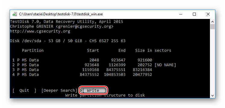 Запись структуры диска в TestDisk