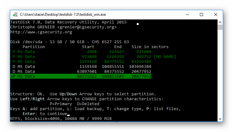 Создание структуры диска в TestDisk