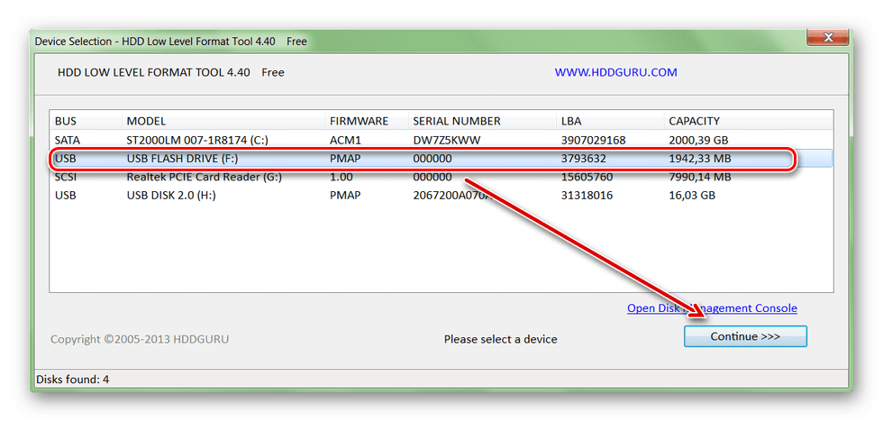 Выбор устройства для форматирования в HDD Low Level Format Tool