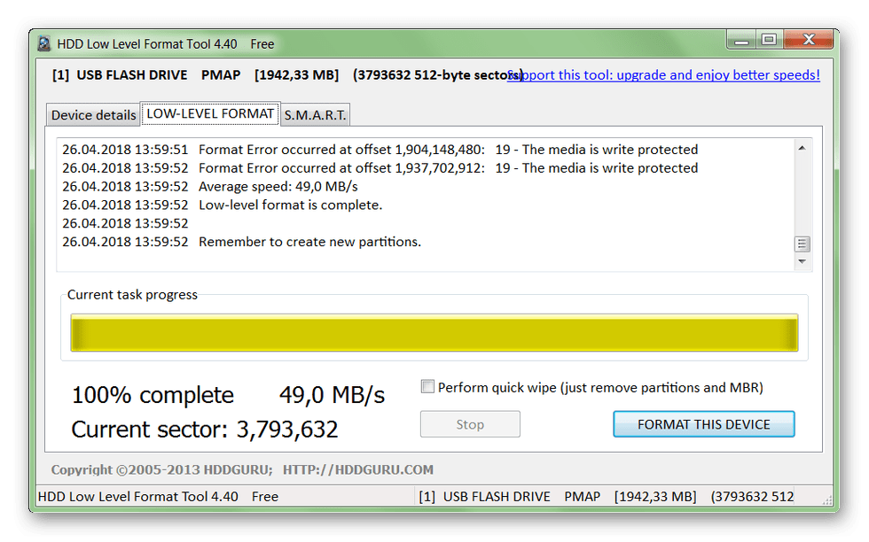 Завершение форматирования диска в HDD Low Level Format Tool