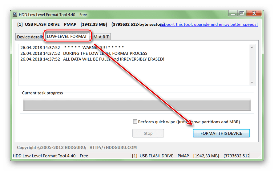 Форматирование устройства в HDD Low Level Format Tool