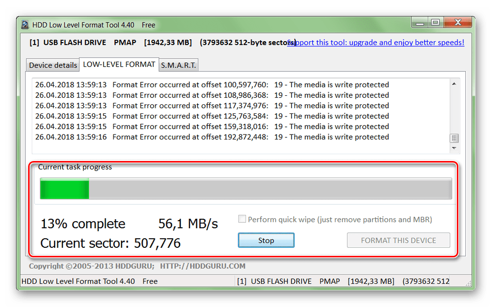 Процесс форматирования в HDD Low Level Format Tool