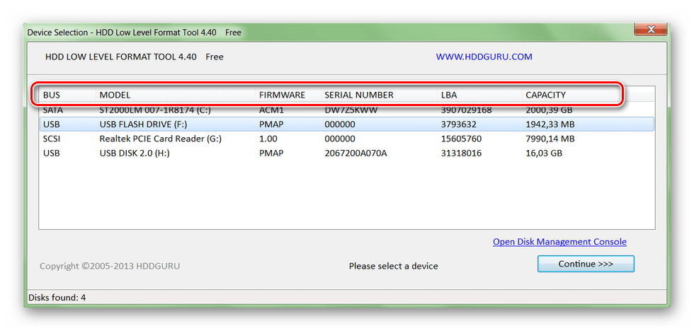 Доступные параметры в HDD Low Level Format Tool