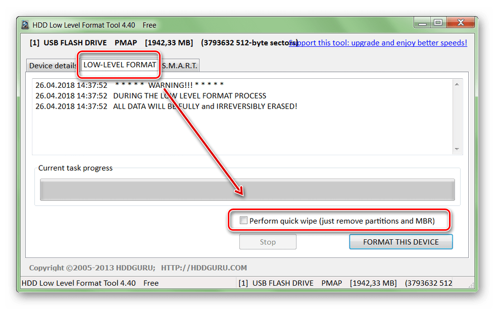 Дополнительные параметры форматирования в HDD Low Level Format Tool