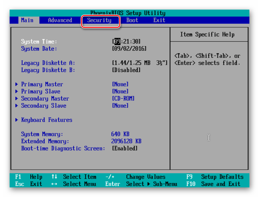 Вкладка Security в BIOS