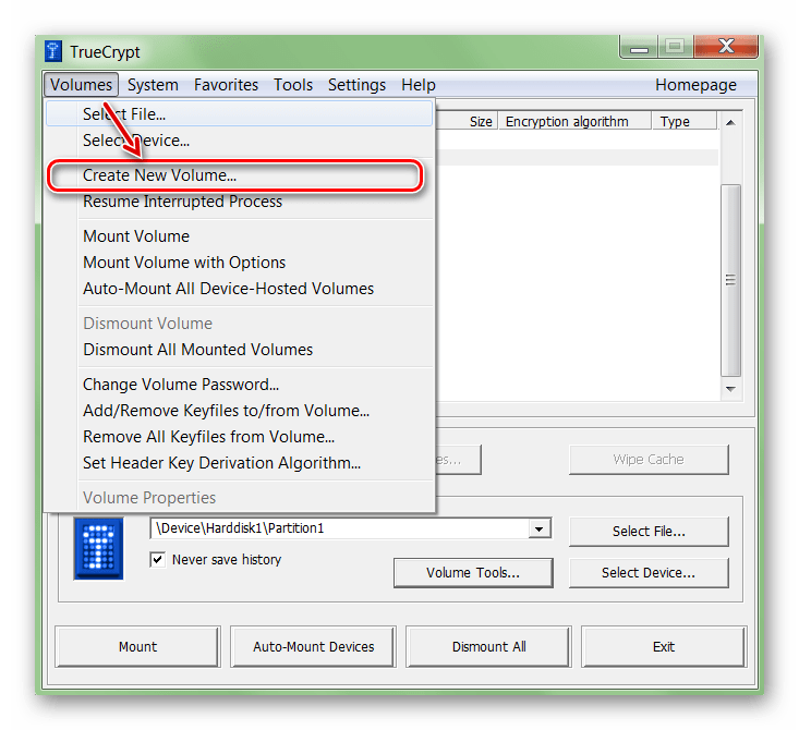 Создание нового тома в TrueCrypt