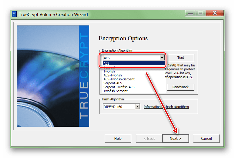 Выбор способа шифрования в TrueCrypt