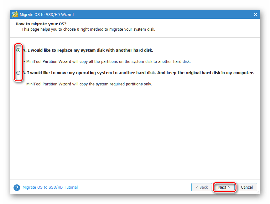 Выбор способа переноса ОС в MiniTool Partition Wizard