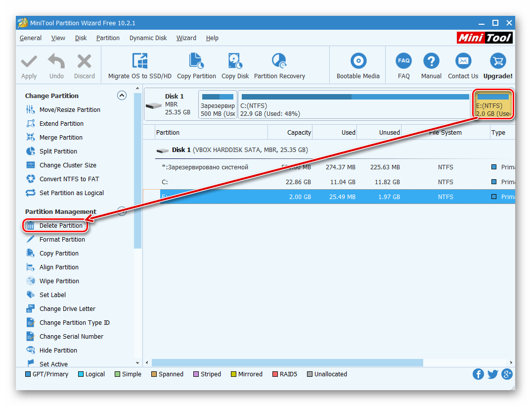 Выбор раздела в MiniTool Partition Wizard