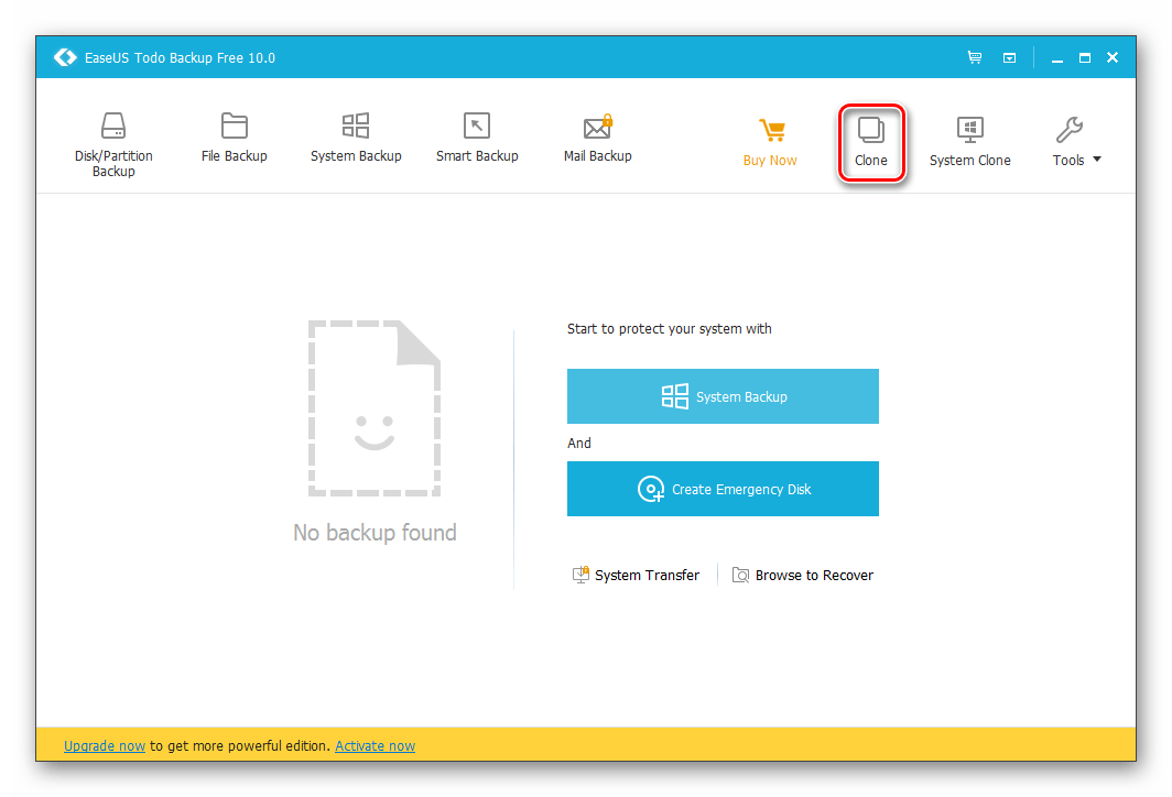 Кнопка клонирования в EaseUS Todo Backup