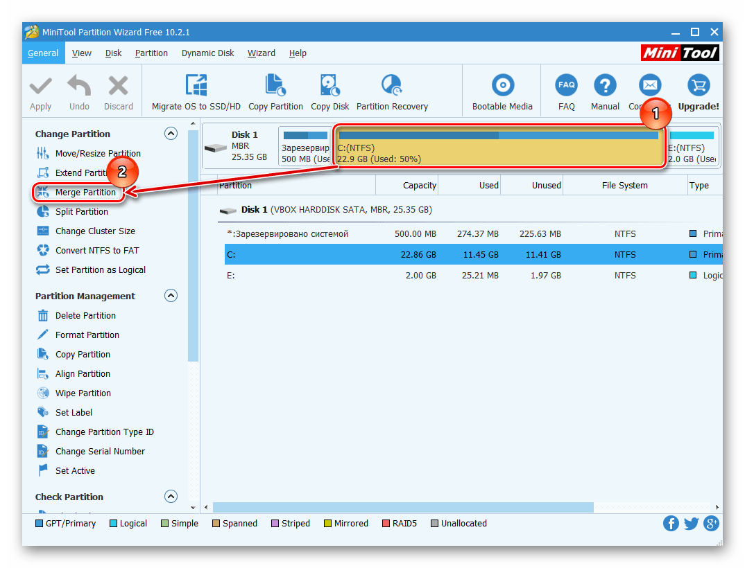 Выбор основного раздела в MiniTool Partition Wizard