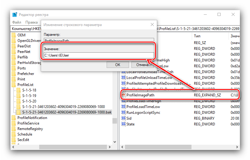 Путь к профилю в резервной папке для устранения проблемы с временным профилем в windows 10