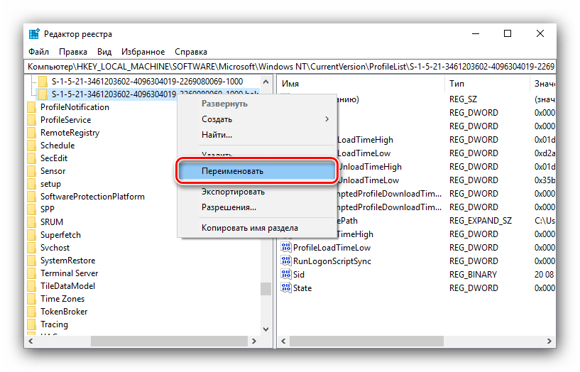 Переименование резервной папки для устранения проблемы с временным профилем в windows 10